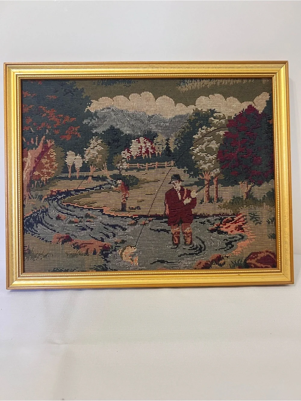 Vintage Needle Point Tapestry Fly Fishing Outdoor Scene Framed Wall Art